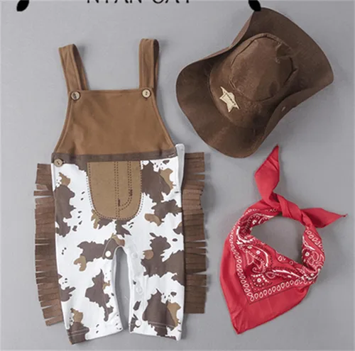 Vista 4 de VISGOGO Western Baby - Conjunto de disfraz de 3 piezas, mameluco con borlas, sombrero de estrella de ala ancha, bufanda estampada triangular
