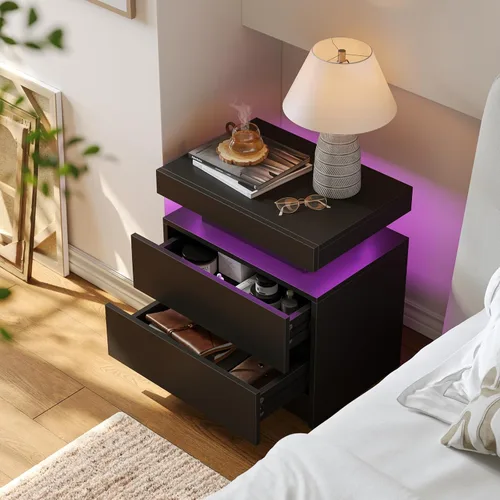 Vista 4 de Mesita de noche LED negra moderna con 2 cajones para mesa auxiliar de dormitorio