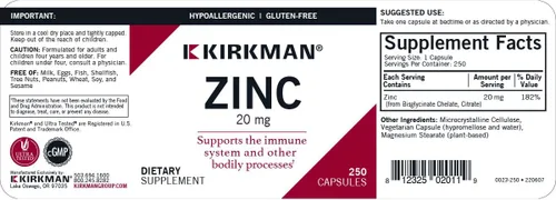 Vista 2 de Kirkman - Zinc 20mg - 250 Cápsulas - Apoyo inmunológico - Alta absorción - Hipoalergénico