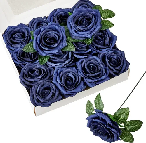 Vista 14 de Rosas artificiales, rosas artificiales, rosas artificiales de seda con tallos para ramos de boda, mesas de fiesta, centros de mesa, arreglos Negro