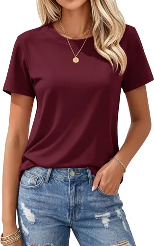 Vista 14 de MAGCOMSEN Camisetas de algodón para mujer de manga corta con cuello redondo, camisetas de ajuste clásico y transpirables de verano a1-Negro