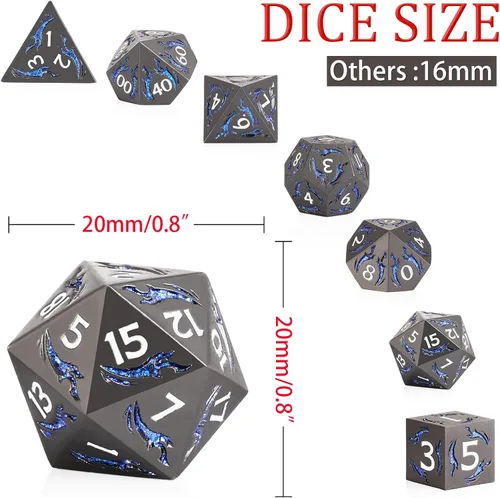 Vista 2 de Juego de dados de metal, 7 piezas de dados metálicos DND, dados poliédricos D&D con caja de metal de regalo para juego de mesa de Calabozos