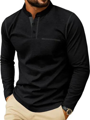 Vista 8 de Sailwind Camisetas Henley para hombre de manga larga con botones, estilo casual, elegante, de algodón, con bolsillo