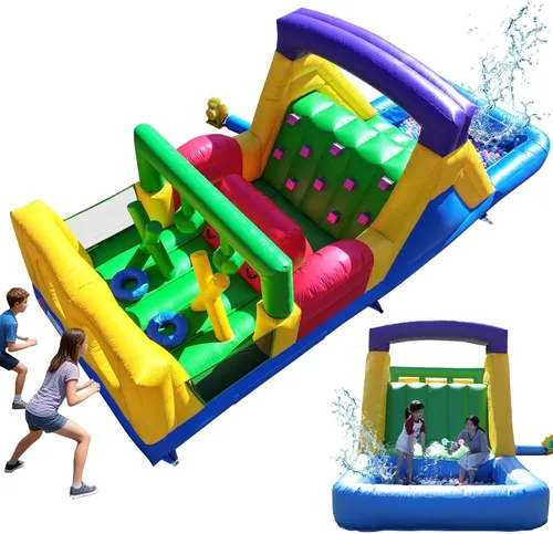 Vista 9 de Castillo inflable de grado comercial de 16 x 12 pies, (PVC resistente), (soplador de 1100 W) - 2 toboganes, hoyo de bolas, aro de baloncesto, casa