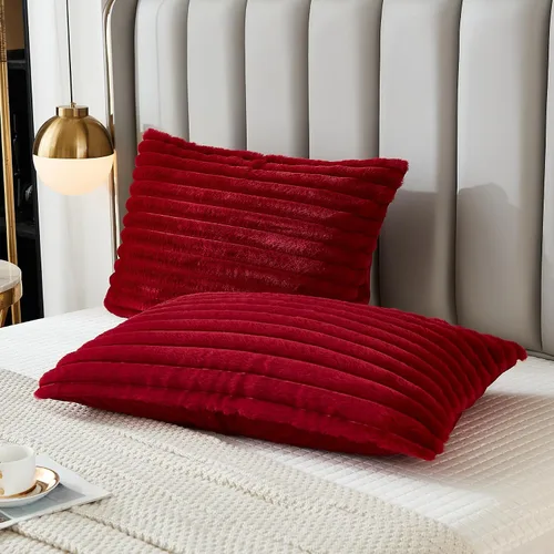 Vista 23 de Juego de 2 fundas de almohada para cama tamaño king, fundas de cojín rectangulares lumbares con diseño de rayas, forro de piel de conejo sintética