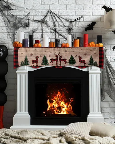 Vista 3 de Bufanda de manto de 70 x 17 pulgadas, diseño de ciervo y árbol de Navidad verde, para chimenea, mantel y mantel de chimenea, camino para Navidad