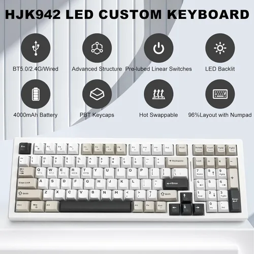 Vista 7 de Teclado mecánico inalámbrico para juegos BT5.0/2.4GHz/USB, LED multicolor con 18+ modos, teclado personalizado intercambiable en caliente