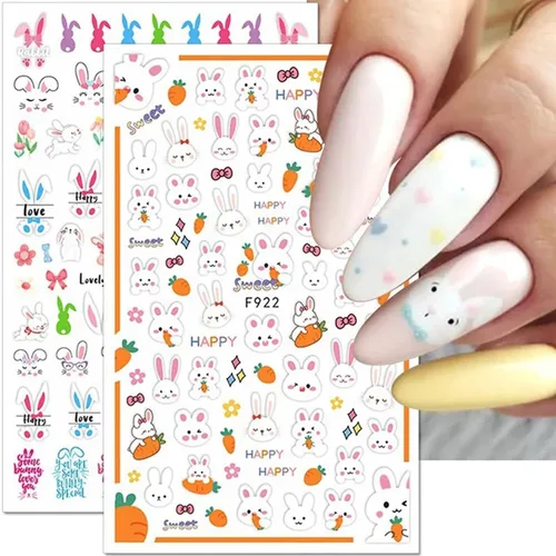 Vista 4 de 8 hojas de calcomanías de arte de uñas de conejo de Pascua, 3D, autoadhesivas, accesorios de arte de uñas, caricaturas, conejos, animales