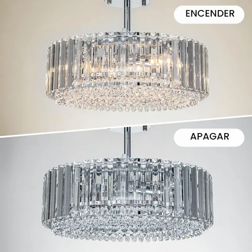Vista 3 de Lingkai Candelabro de Cristal Moderno de 15.8" Cromado Redondo Semi Empotrado Luminaria de Techo Candelabro para Sala de Estar Comedor Dormitorio
