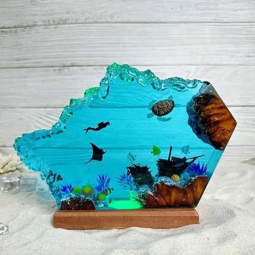 Vista 9 de Drawelry Lámpara creativa de luz de madera de resina epoxi, hecha a mano, con forma de onda profunda, lámpara de océano acuático profundo, buceador