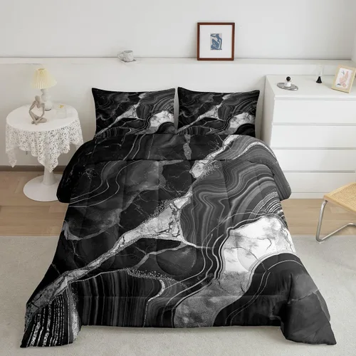 Vista 22 de Juego de edredón de mármol negro individual, ropa de cama dorada agrietada para adultos, hombres y mujeres, juegos de edredón de textura metálica