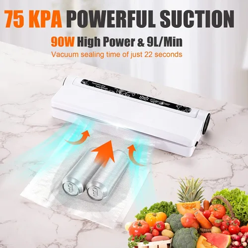 Vista 4 de Máquina selladora al vacío para alimentos, 75 KPA de succión fuerte y compacta selladora de alimentos multifuncional con 20 bolsas de vacío
