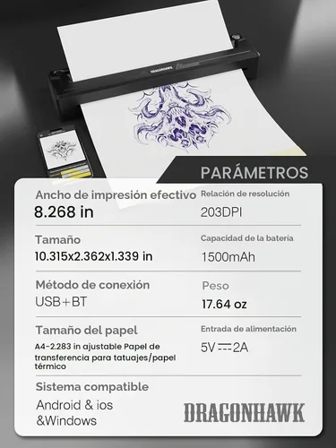 Vista 7 de Dragonhawk Kit de tatuaje inalámbrico Atom2 Pro con impresora térmica A4