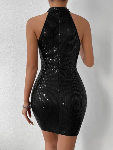 Vista 2 de SweatyRocks Vestido sin mangas con lentejuelas con purpurina para mujer, vestido de fiesta corto fruncido