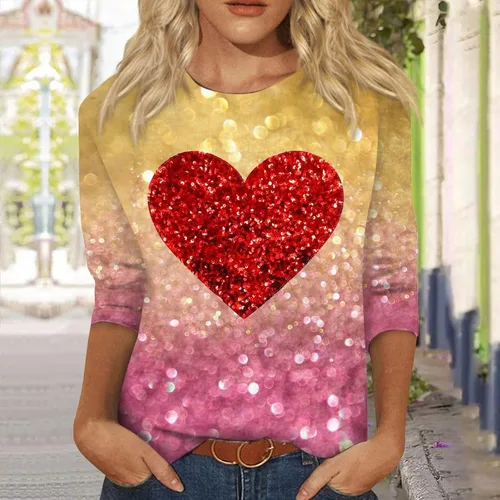 Vista 4 de Camisas de negocios para mujer, manga 34, estampado de día de San Valentín, cuello redondo, ropa de moda, camisas de vacaciones para mujer