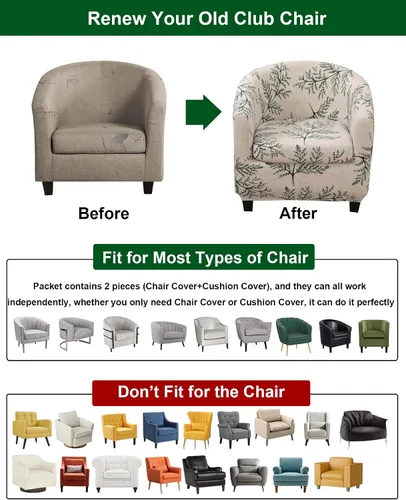 Vista 5 de CRFATOP - Funda elástica para sillón de club (2 piezas) 1 Club Cover & 1 Cushion Cover, Soft Round Tub Sofa Covers, Pet Friendly, Washable