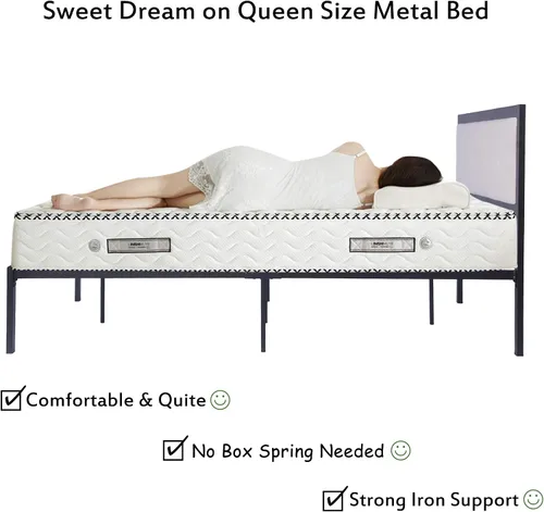 Vista 4 de LUCKYERMORE Base de cama de plataforma Queen de 12 pulgadas con cabecera beige, marco de cama de metal resistente con almacenamiento debajo