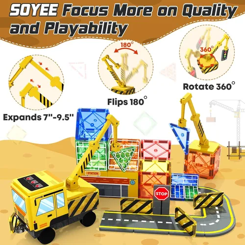 Vista 2 de Magnetic Tiles with 2 Cranes, Magnetic Construction Toys STEM Building Toys