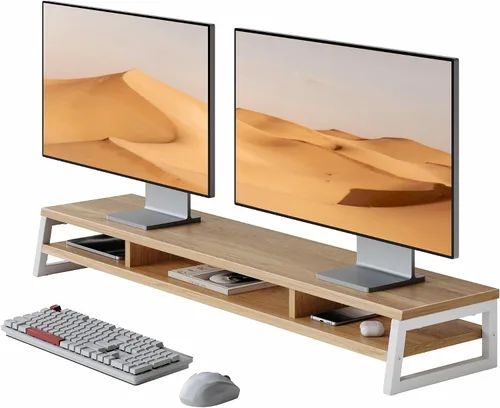 Vista 10 de Fenge Soporte de monitor doble para escritorio, elevador de monitor grande de 42.5 pulgadas para 2 monitores, estante superior de escritorio