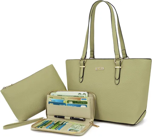 Vista 22 de Qiyuer - Juego de carteras y bolsos para mujer, bolso de trabajo, bolso de mano, bolso de hombro con asa superior, bolso con cartera a juego