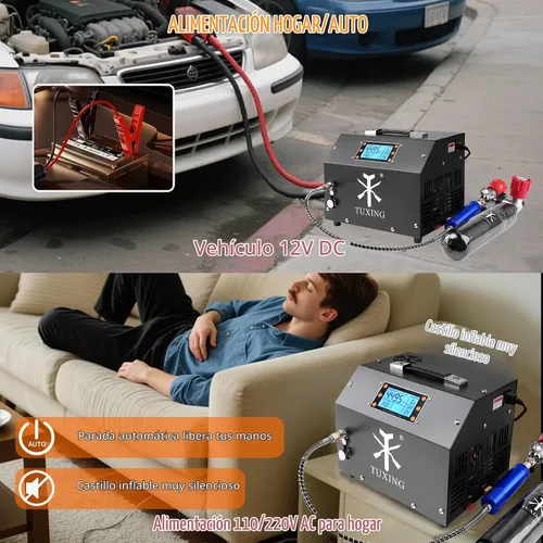 Vista 8 de TUXING Compresor de Aire PCP, Versión con Pantalla LCD, Parada Automática 4500Psi/30Mpa, Sin Aceite/Agua, Bomba con Transformador/Sistema de Drenaje
