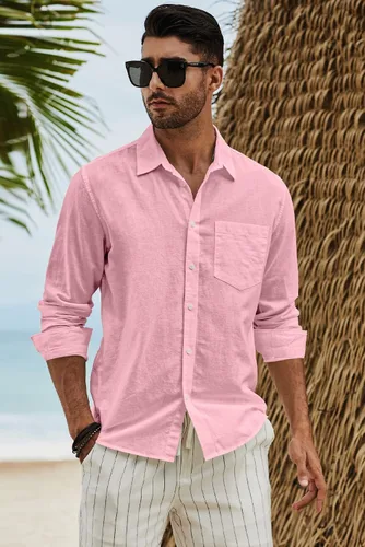 Vista 4 de JMIERR Camisa de vestir de manga larga con botones y lino de algodón para hombre