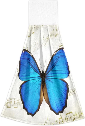 Vista 7 de Blue Butterfly Retro Musical Notes Hanging Kitchen Towel Set of 2, Lightweight Soft Quick Dry Decorative Hanging Kitchen Towels, 18.2 x 14 Inch