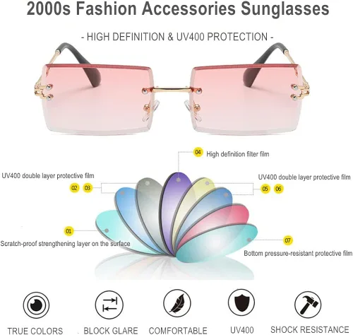 Vista 3 de BAWUYI Gafas de sol rectangulares sin montura de los años 90 años 2000 para mujeres y hombres accesorios Y2K vintage retro sin marco gafas cuadradas