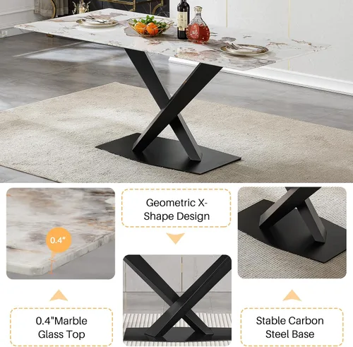 Vista 6 de Mesa de comedor moderna para mesas de cocina y comedor de mármol blanco de 70 pulgadas, mesa de comedor rectangular moderna con mesa de mármol