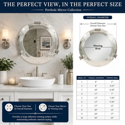 Vista 2 de Nagina International Espejo Decorativo de Baño de Ojo de Buey de Aluminio Chapado en Níquel Elaborado en Metal (10 Pulgadas)