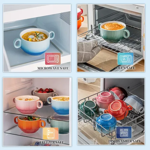 Vista 4 de LOVECASA Cuencos de Sopa Multicolor de 12 OZ con Asas, Cuencos Pequeños de Cerámica para Sopa de Cebolla Francesa, Mini Tazas de Sopa Cuencos