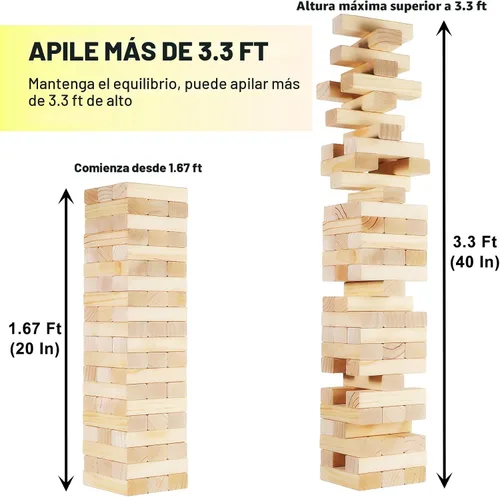 Vista 2 de Juego de Torre Tambaleante, Juegos al Aire Libre para Adultos y Niños, Más de 3.3 Pies, 60 Piezas Premium de Juegos de Apilamiento de Madera