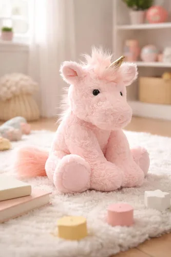 Vista 5 de Peluche de unicornio rosa, unicornio de felpa esponjoso de 10 pulgadas con cuerno dorado brillante para niñas