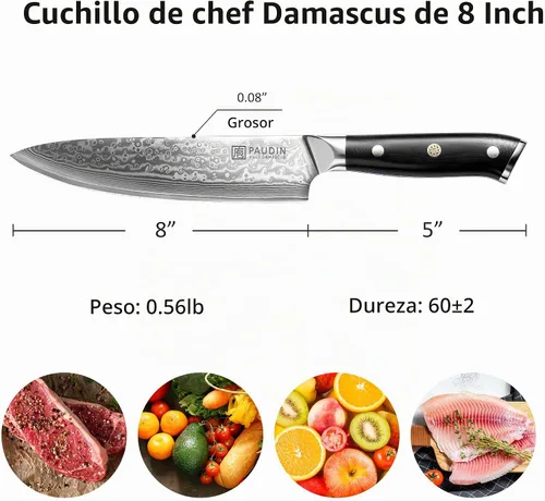Vista 2 de PAUDIN Cuchillo de chef de Damasco, cuchillo de cocina de 8 pulgadas, cuchillo de acero de Damasco de 67 capas, núcleo japonés VG10, cuchillo