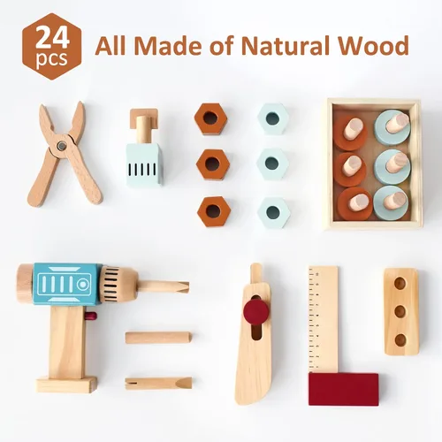 Vista 3 de PairPear Juego de herramientas para niños, caja de herramientas de juguete de madera con taladro de juguete, kit de herramientas de madera