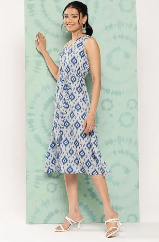 Vista 5 de Janasya Vestido de mujer gris crepé Ikat estampado A Line