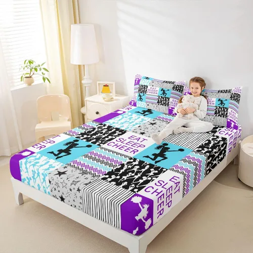 Vista 20 de Sábana bajera ajustable de ballet para niñas, juego de ropa de cama de ballet para danza de ballet, sábanas de cama con rayas geométricas onduladas