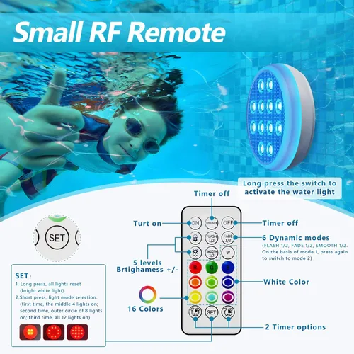Vista 6 de QOLNBY - Luces de piscina, luces LED sumergibles recargables, luces impermeables subacuáticas IP68, luces flotantes tipo C con control remoto RF