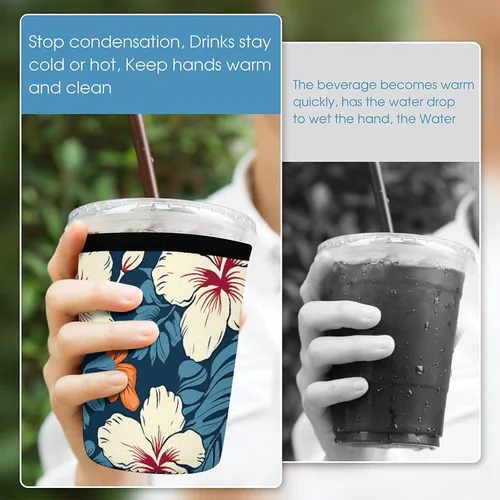 Vista 5 de Yellow Dragon Black Background Hawaii Flower Reusable Insulated Neoprene Iced Coffee Cup Sleeves 3 Sizes Diving Material Cup Durable Beverage Covers