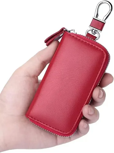 Vista 6 de Cartera de cuero genuino con 8 ganchos con cierre de cremallera para hombres y mujeres