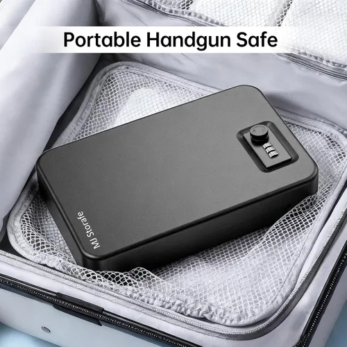 Vista 3 de Caja fuerte portátil para pistola pequeña con cerradura de combinación, segura para pistola para automóvil, hogar, viajes, 9.4 x 6.6 x 1.8 pulgadas