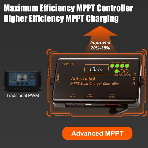 Vista 7 de Controlador de carga solar MPPT 12V 10A para baterías LiFePO4, AGM y gel