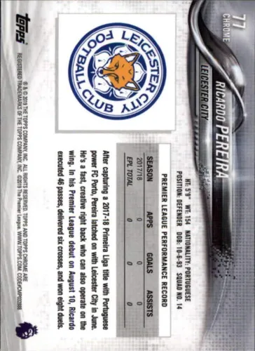 Vista 2 de 2018-19 Topps Chrome Premier League Soccer #77 Ricardo Pereira Leicester City