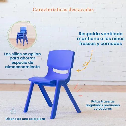 Vista 5 de ECR4Kids Silla Escolar Apilable de 12 Pulgadas de Plástico, Muebles para Aula, Azul, Paquete de 4