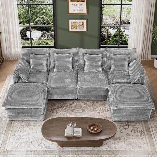 Vista 7 de Sofá de nube de 110 pulgadas en forma de U de gran tamaño gris claro para sala de estar, sofá modular modular con otomana y doble Coushion