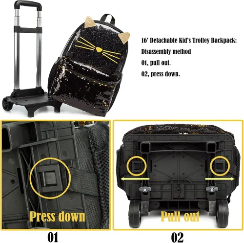 Vista 5 de Egchescebo Mochila de viaje para niños pequeños con ruedas para niños, mochila desmontable para niñas, color rosa, Negro-220223-l, Mochilas de viaje