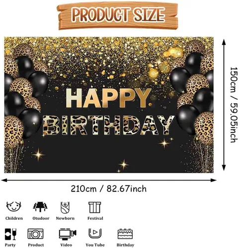 Vista 2 de Telón de fondo de feliz cumpleaños de 7 x 5 pies, lentejuelas doradas, globos de leopardo negro con purpurina, fondo para fotos, decoración