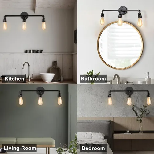 Vista 6 de Lámpara de tocador de baño, 3 luces de granja industrial de tubería de agua negra