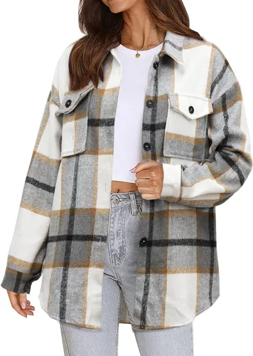Vista 29 de Beaully Chaqueta-Camisa de Franela a Cuadros para Mujer, Trajes de Otoño 2025, Camisa de Manga Larga con Botones, Chaqueta Abrigo con Bolsillos Negro