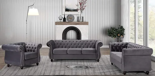 Vista 51 de Container Furniture Direct Feinstein - Sofá Chesterfield de terciopelo moderno para sala de estar con cabezas de clavos, acolchado de diamante